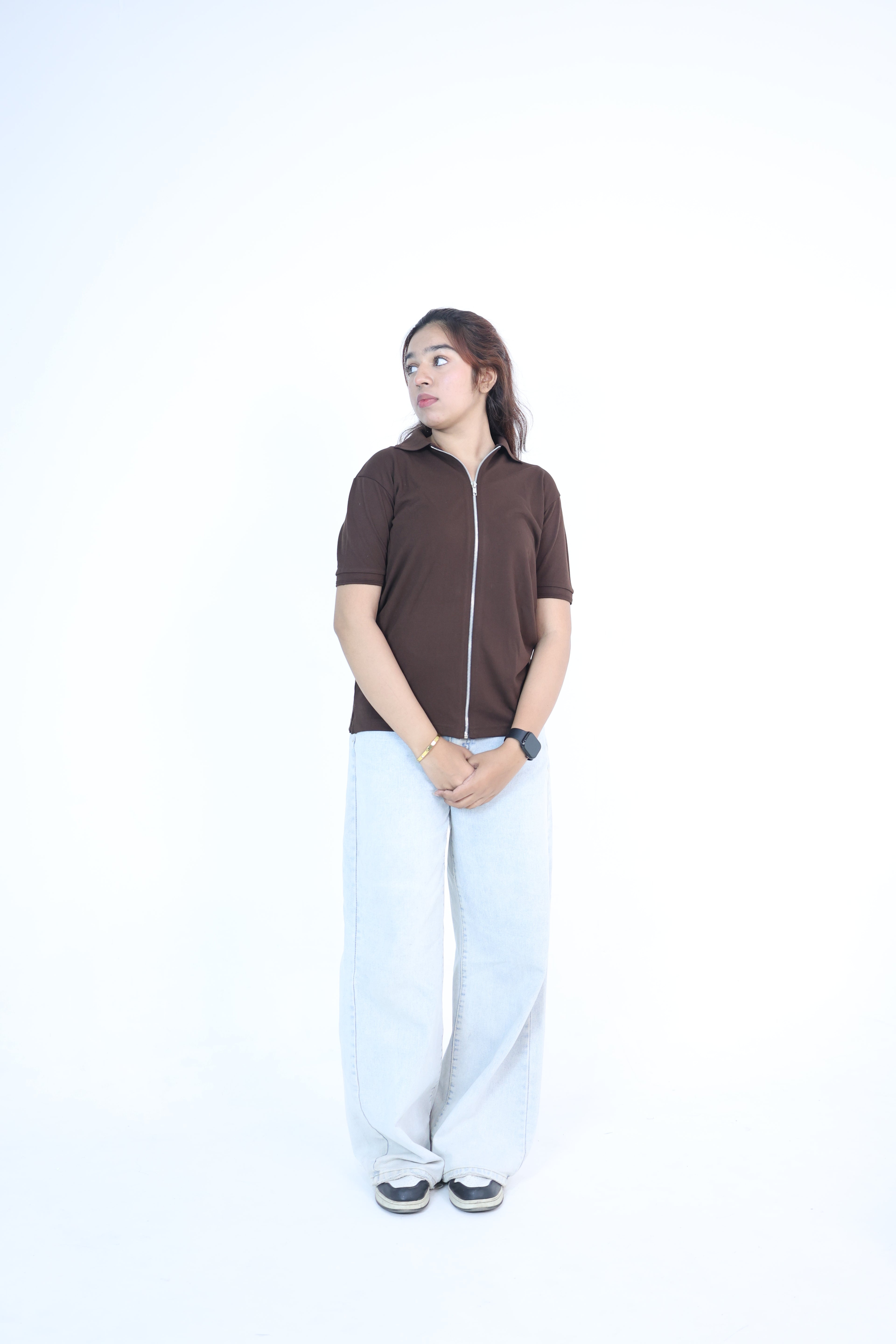 Zip-up polo cinnamon brown
