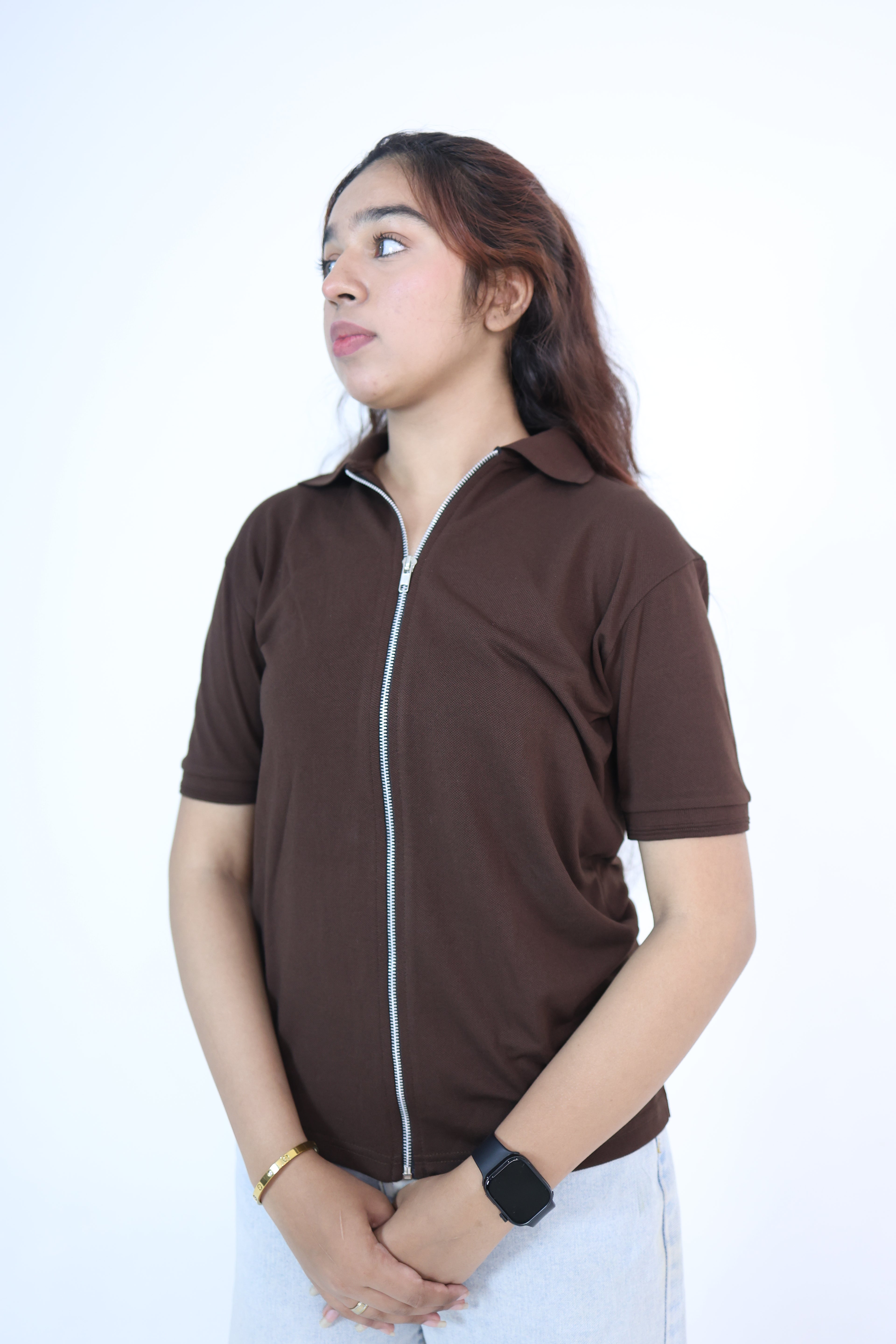Zip-up polo cinnamon brown
