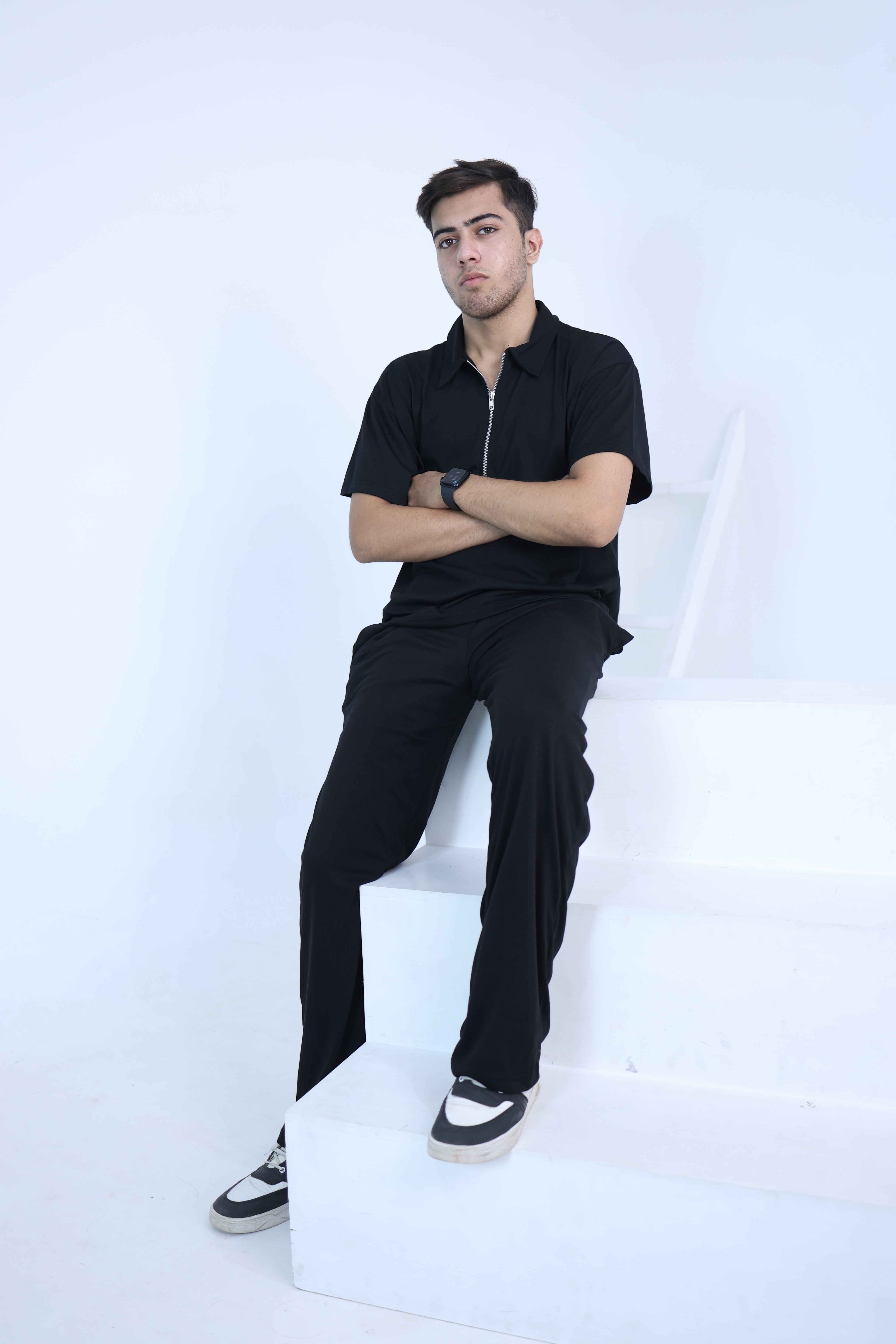 Relaxed Baggy cord set - collared Drop shoulder tee black