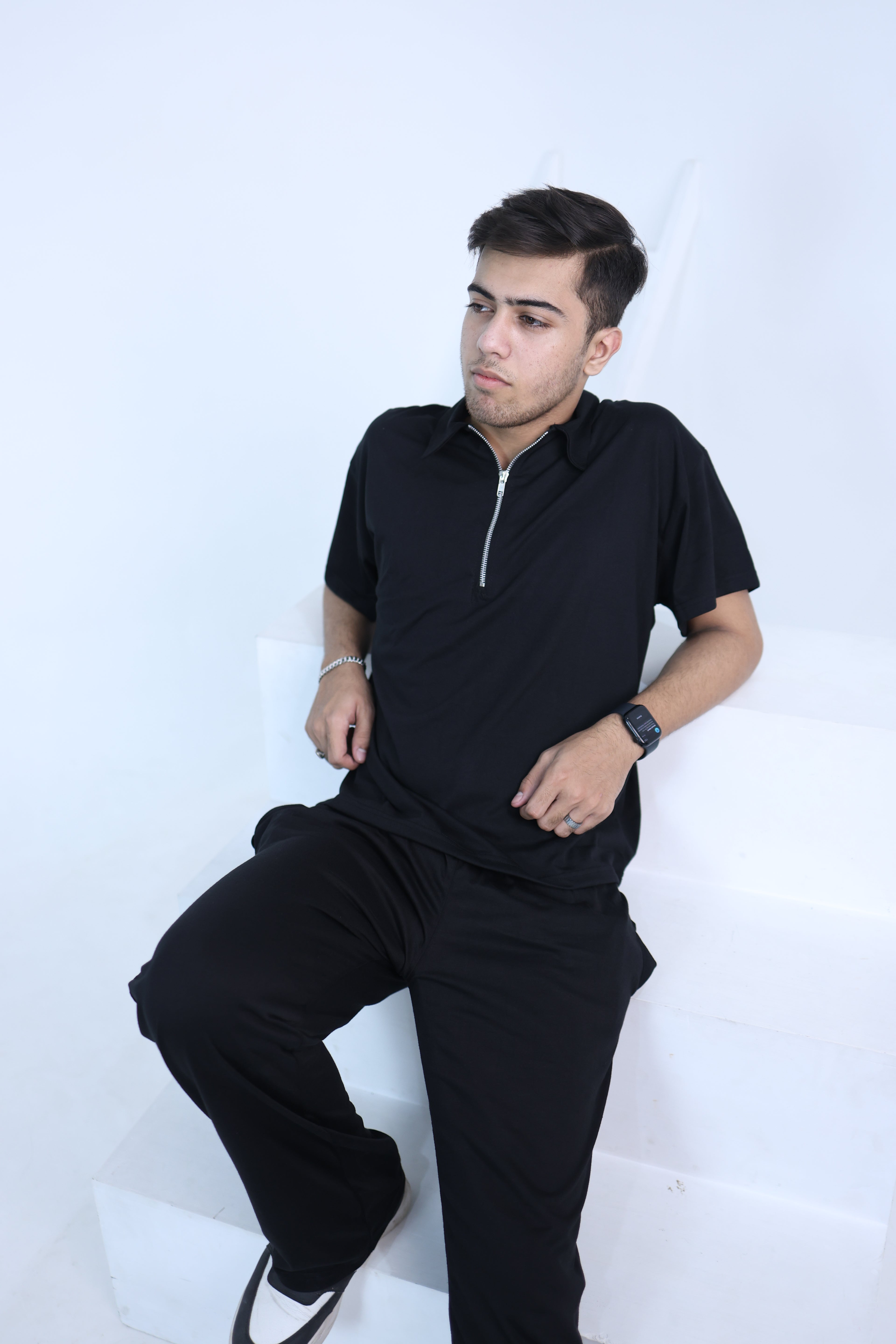 Relaxed Baggy cord set - collared Drop shoulder tee black