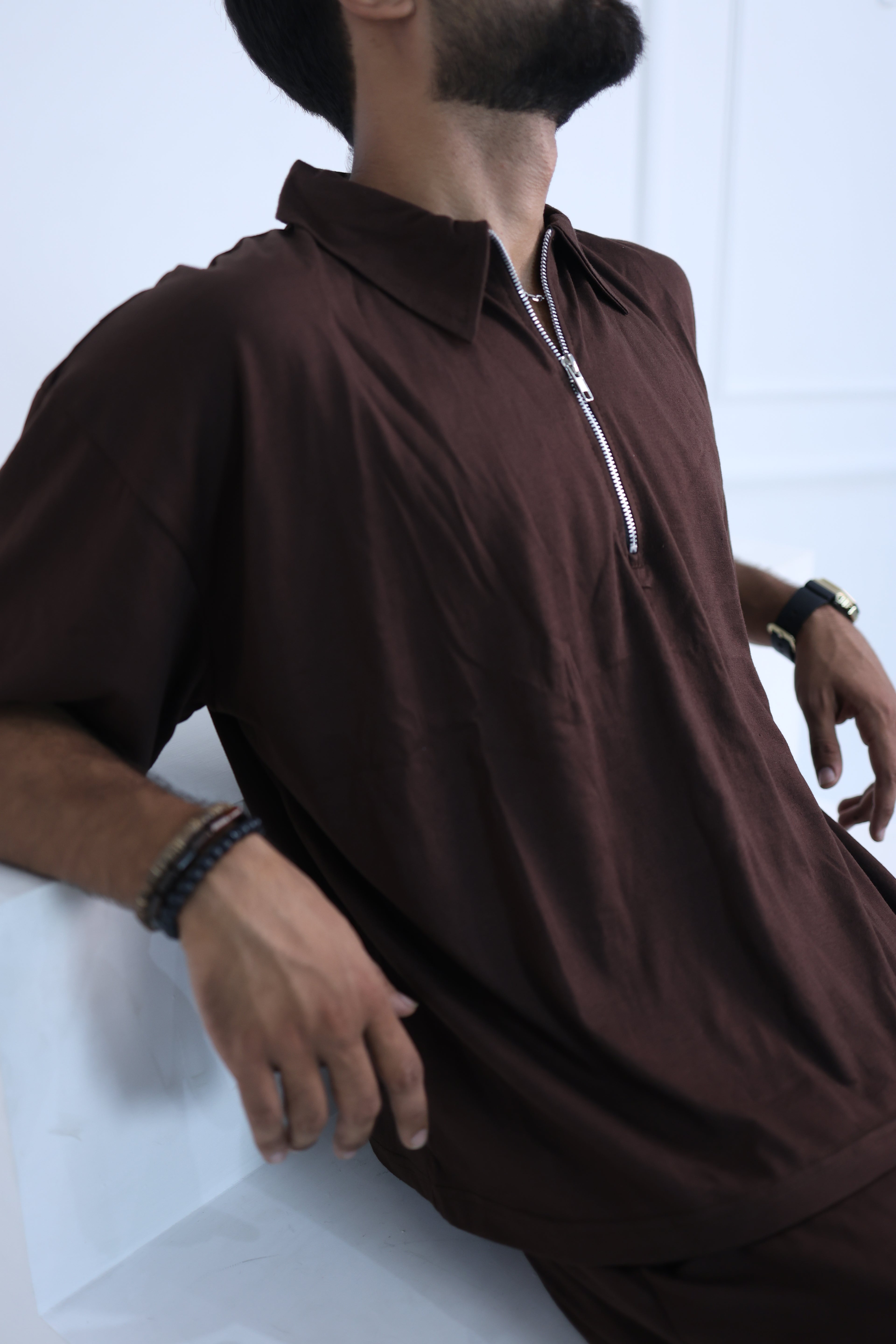 Relaxed Baggy cord set - collared Drop shoulder tee cinnamon brown