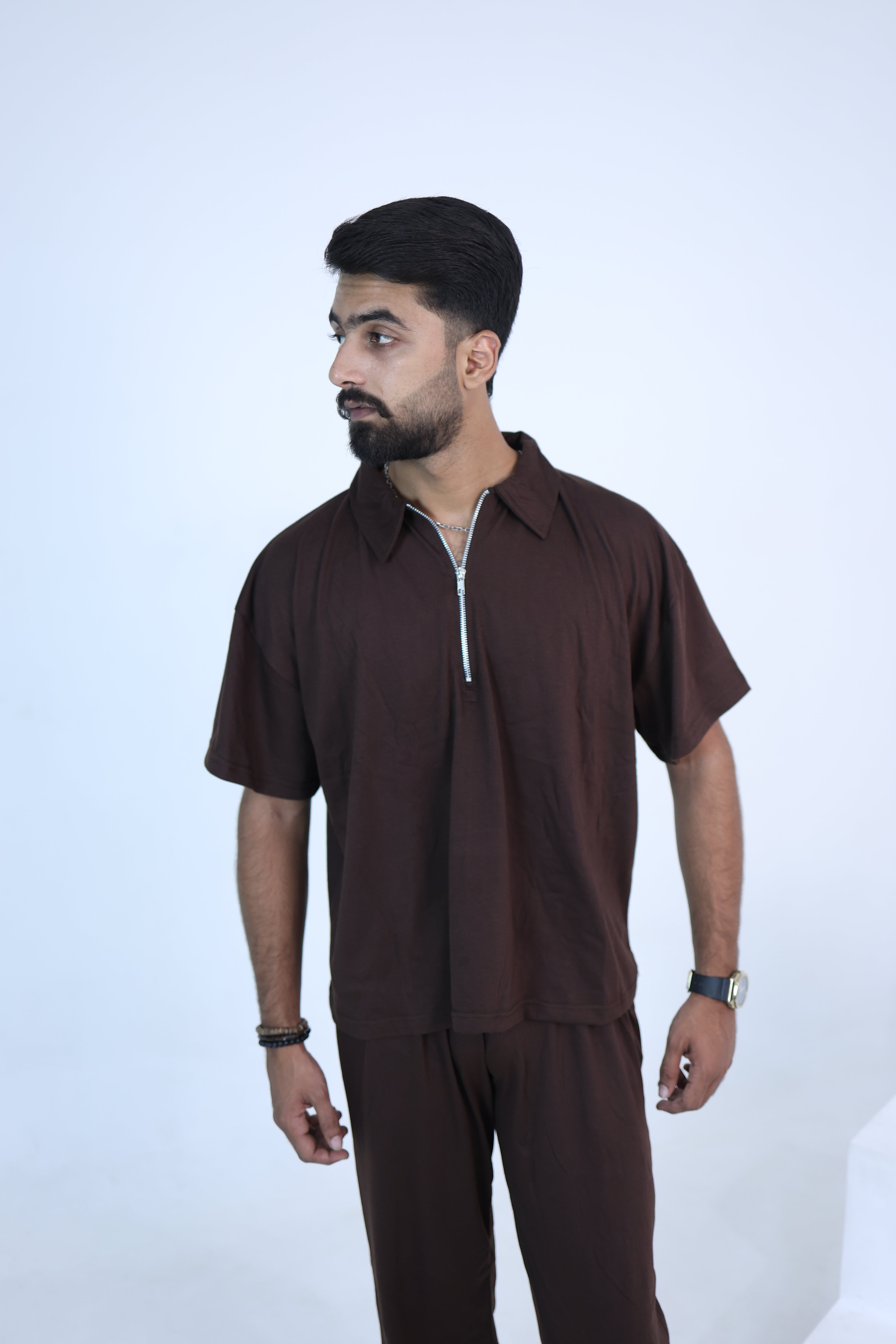 Relaxed Baggy cord set - collared Drop shoulder tee cinnamon brown