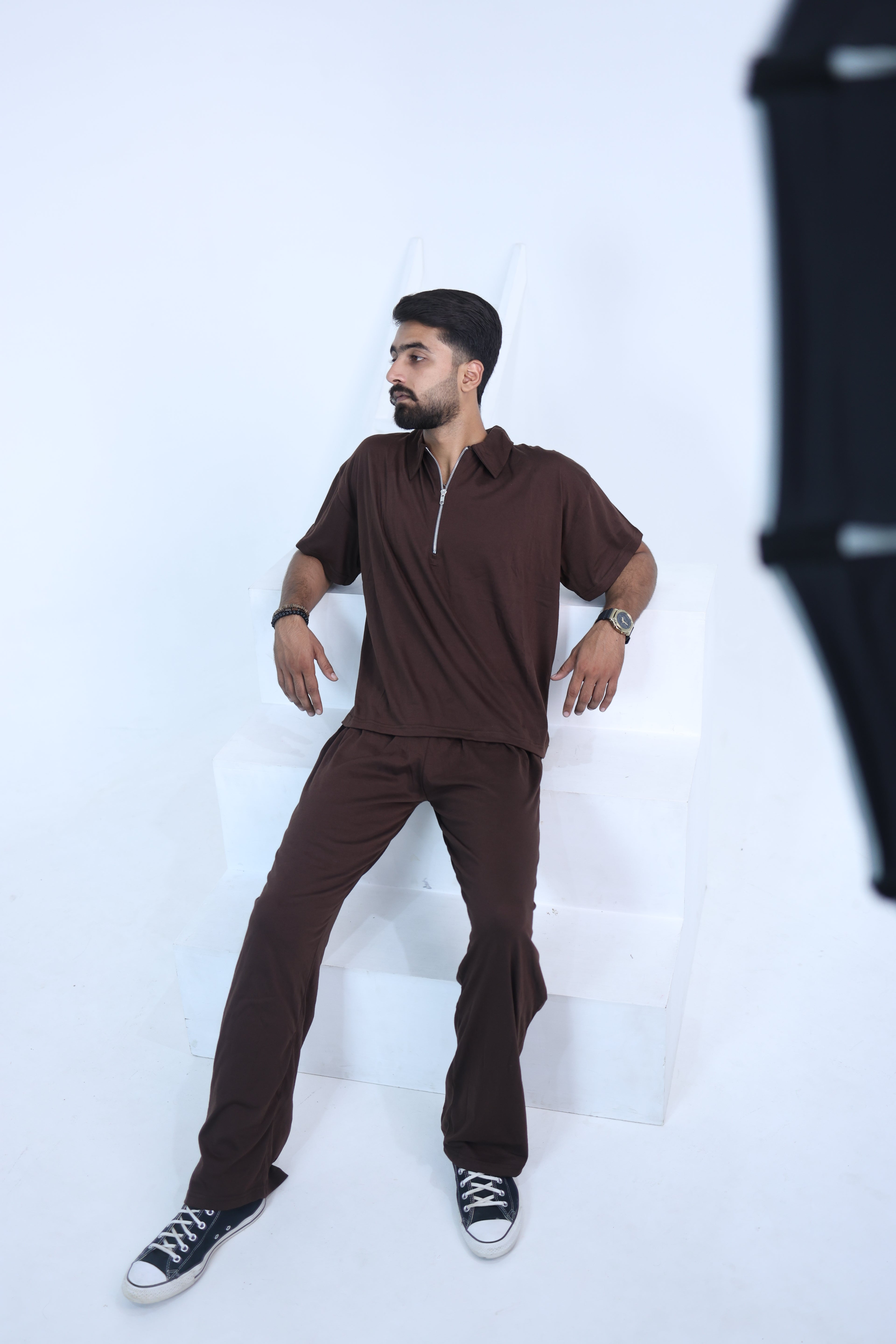 Relaxed Baggy cord set - collared Drop shoulder tee cinnamon brown