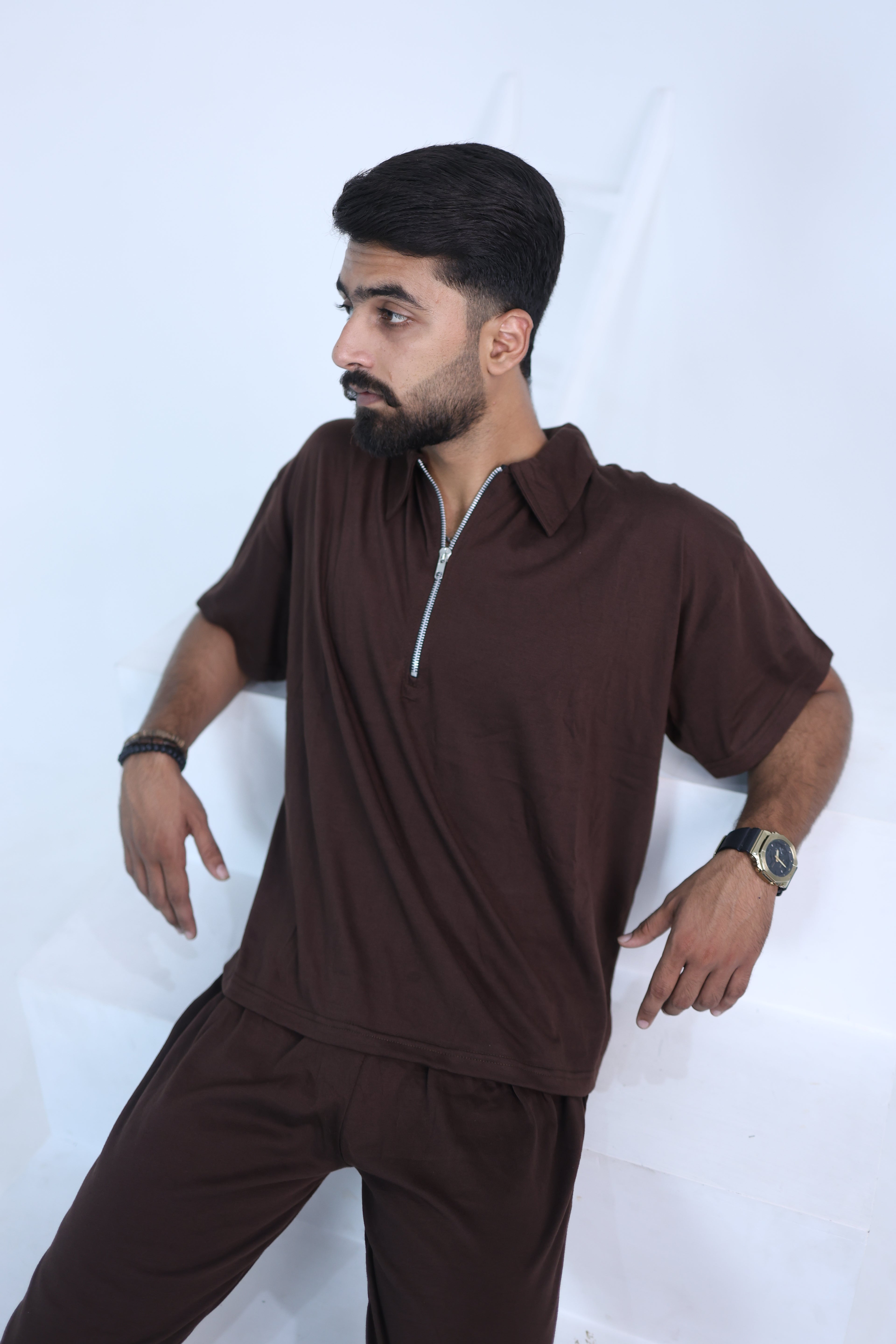 Relaxed Baggy cord set - collared Drop shoulder tee cinnamon brown