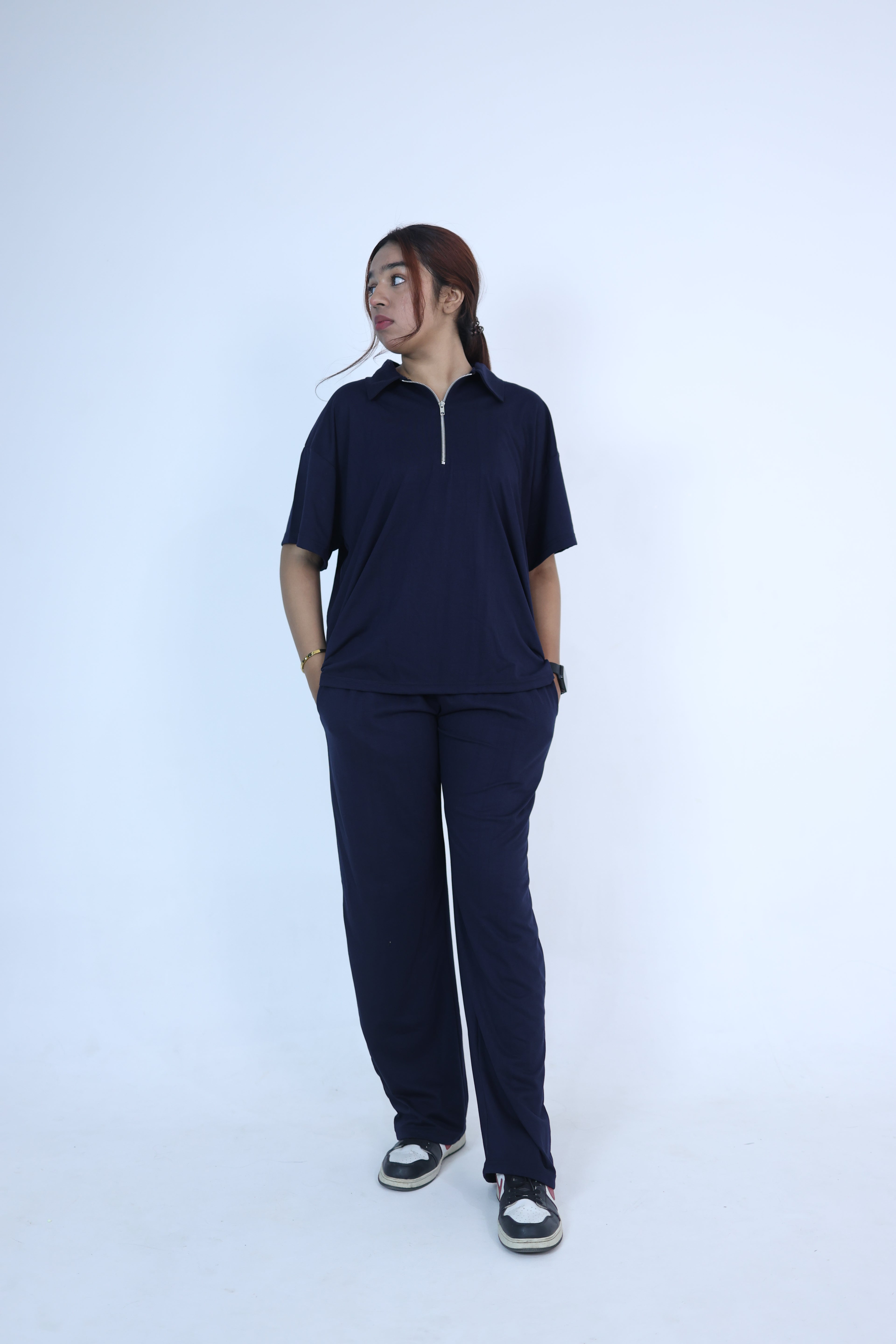 Relaxed Baggy cord set - collared Drop shoulder tee navy blue
