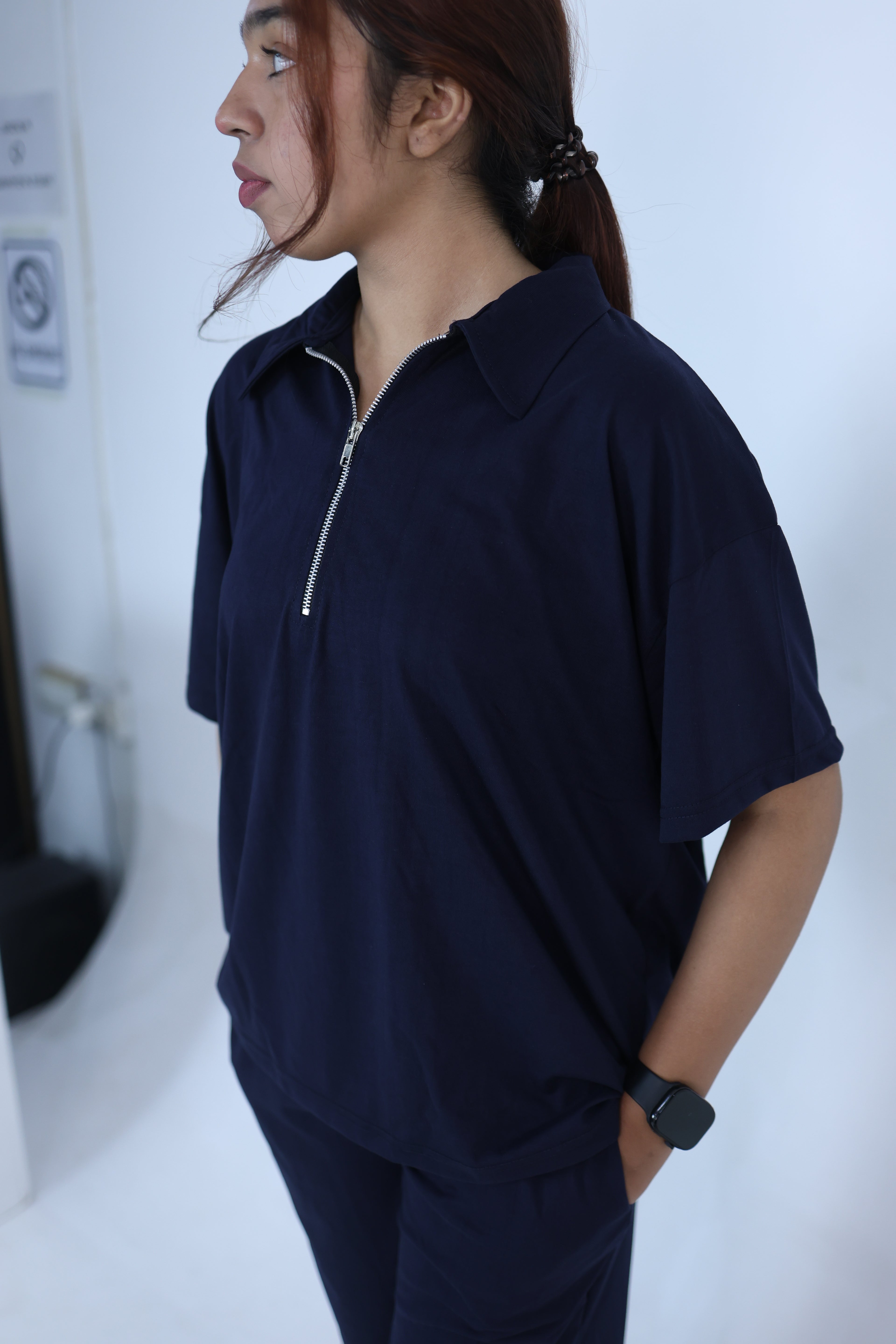 Relaxed Baggy cord set - collared Drop shoulder tee navy blue