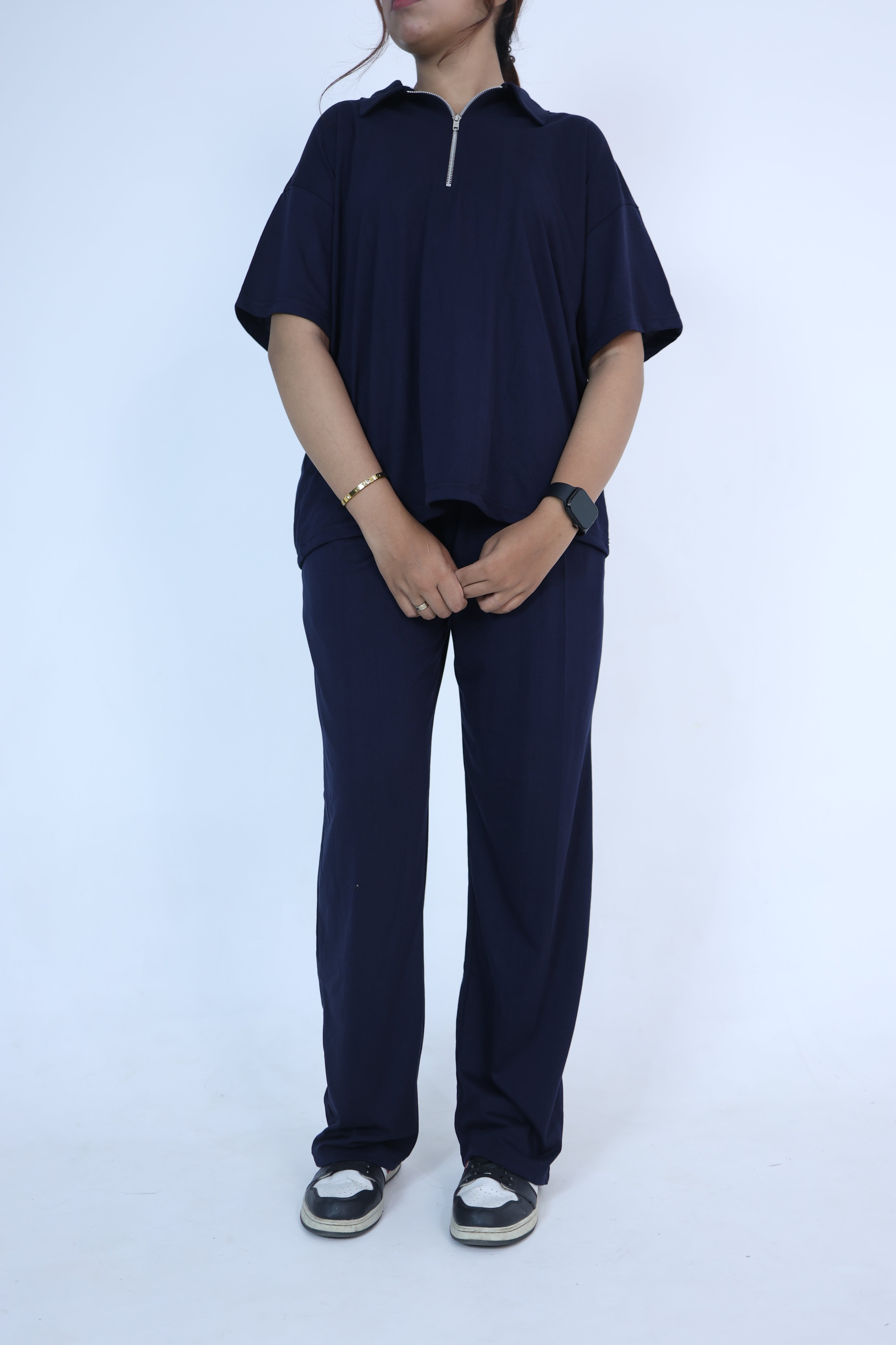 Relaxed Baggy cord set - collared Drop shoulder tee navy blue