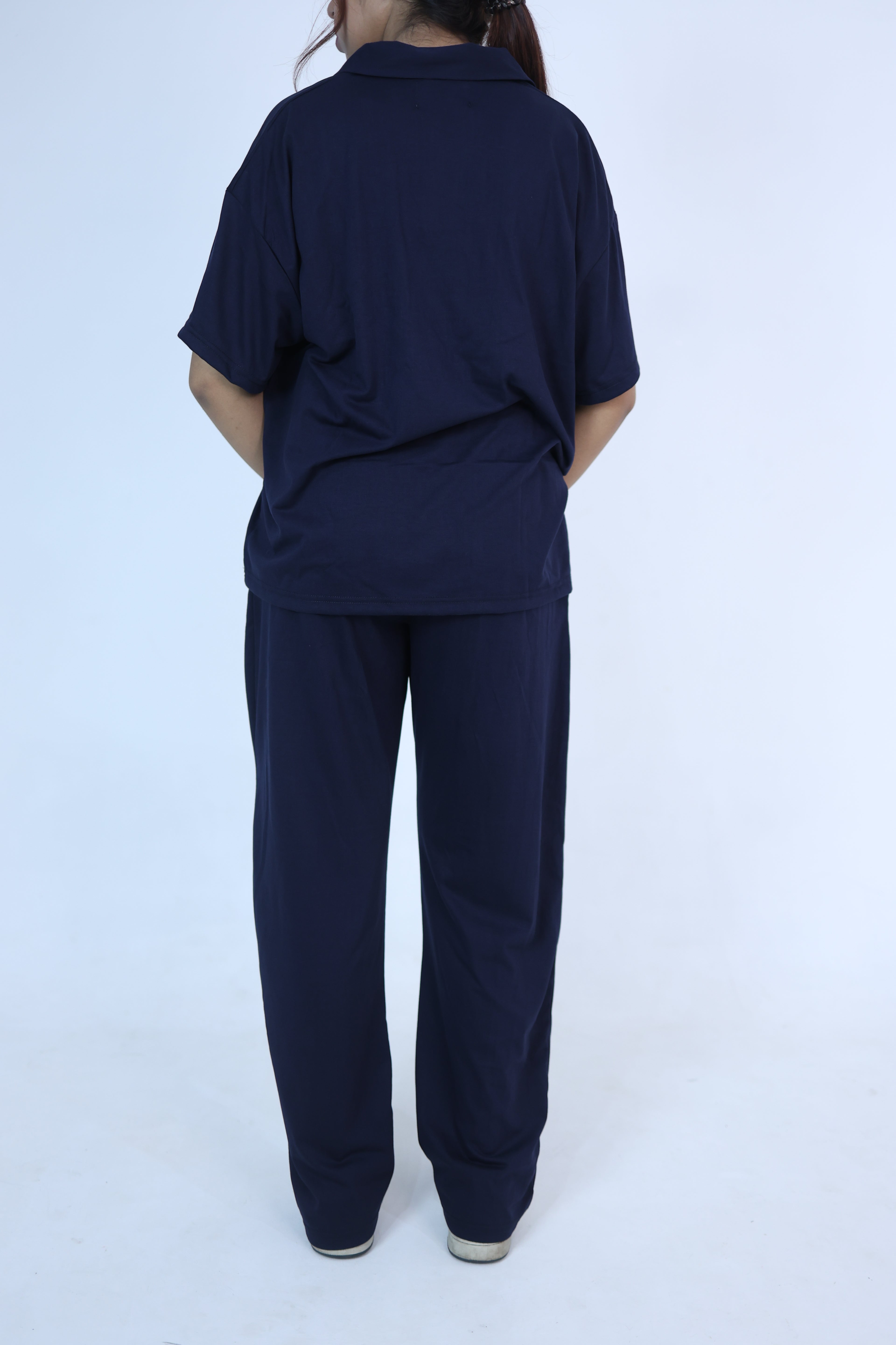 Relaxed Baggy cord set - collared Drop shoulder tee navy blue